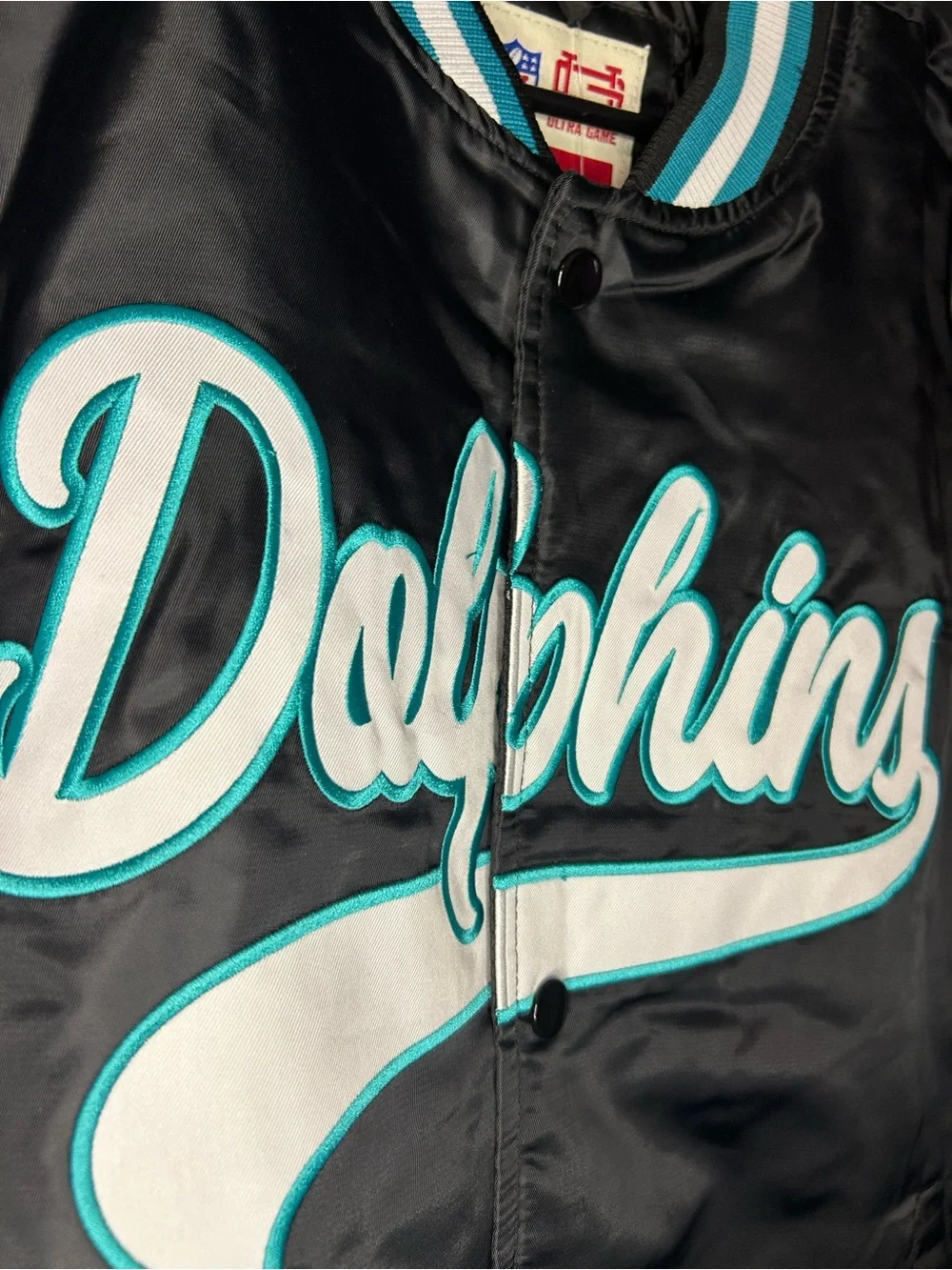 NFL Miami Dolphins Black Satin Jacket with Teal & White Script